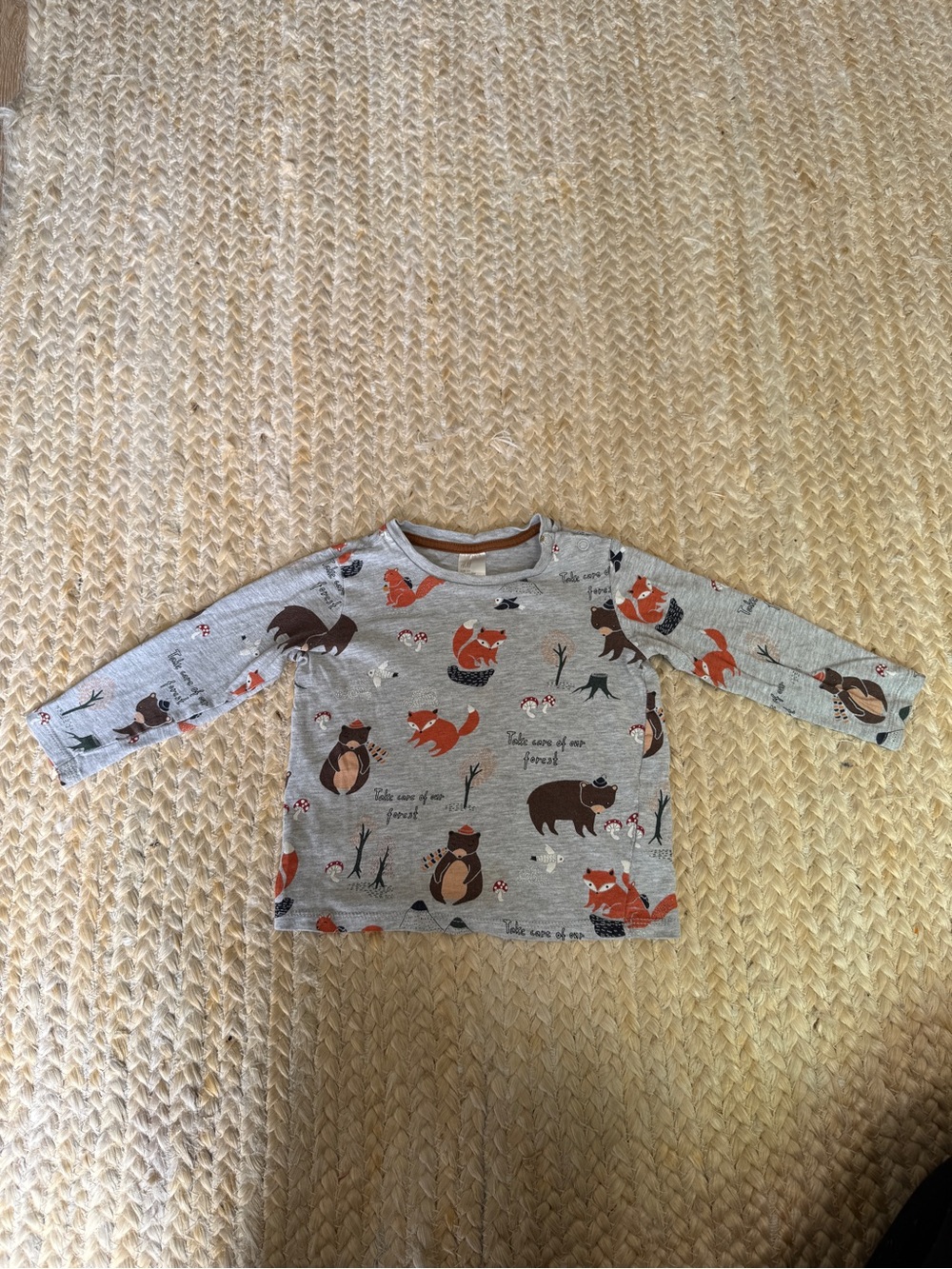 H&M Gray Long-Sleeve Tee with Orange Fox & Brown Bear Prints